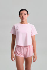 Full length front view, KYDRA Cross Back Tee in Pink #color_Pink