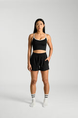 Full length front view, KYDRA Kara Flex Shorts in Black #color_Black