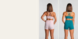 KYDRA Kaira Bra and Kyro 3 inch Bike Shorts in Pink and in Emerald, back view