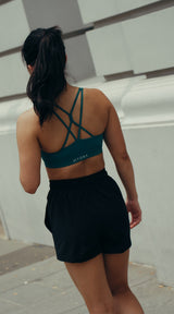 Kaira Bra in Emerald with Kara Flex Shorts in Black, Singapore street